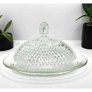 Vintage Indiana Glass Oval Diamond Point Clear Covered Butter Dish
